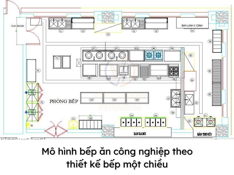 Mô hình bếp ăn công nghiệp theo thiết kế bếp một chiều
