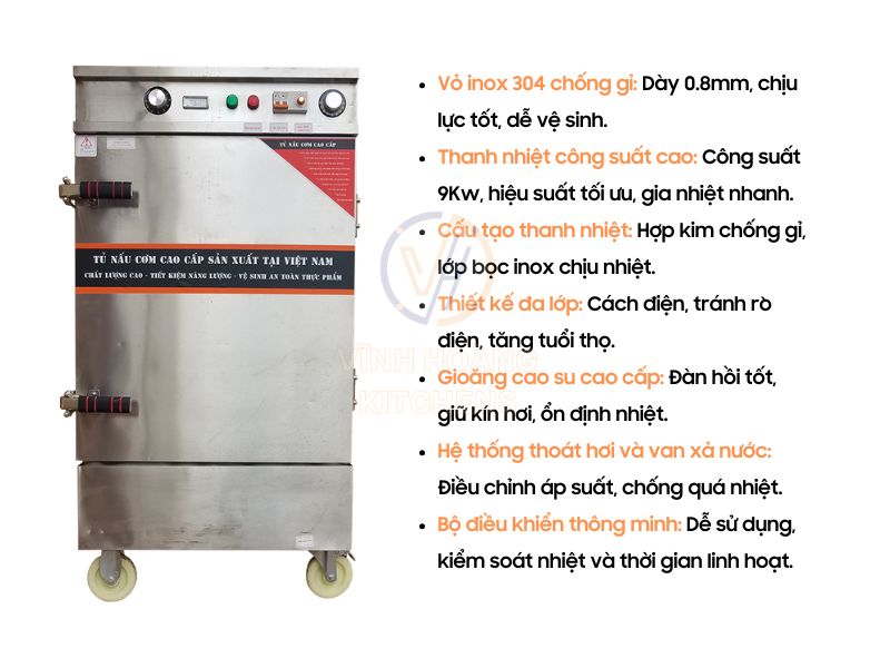 Cấu tạo chi tiết của tủ cơm điện công nghiệp 6 khay