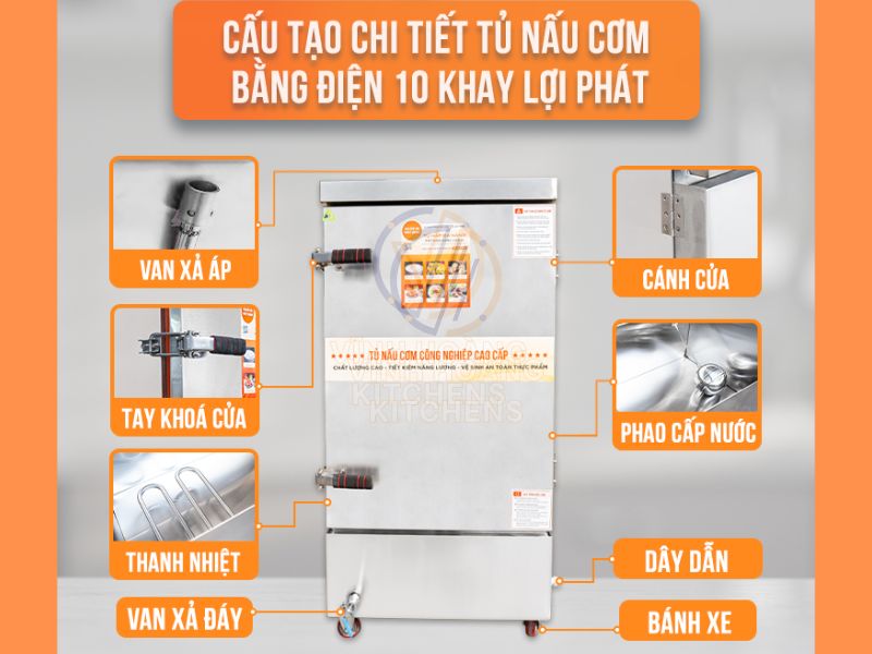 Cấu tạo chi tiết của tủ cơm gas công nghiệp 10 khay