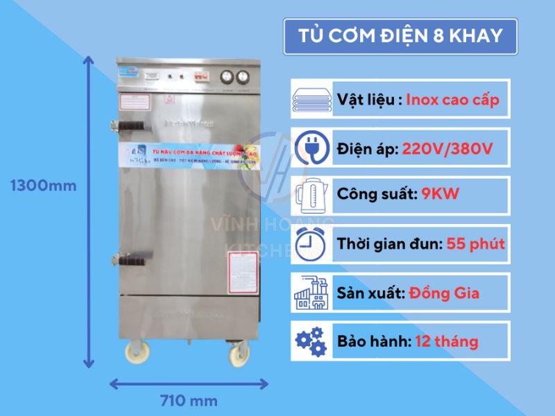 Thông số kỹ thuật tủ cơm điện công nghiệp 8 khay