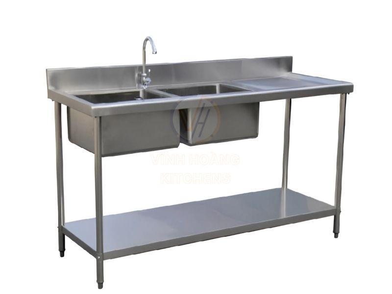 Chậu rửa công nghiệp 2 hố bàn chờ có sàn