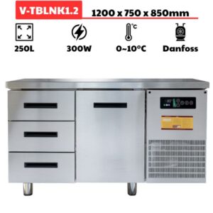 Bàn mát ngăn kéo inox 1200mm (250L) quạt gió