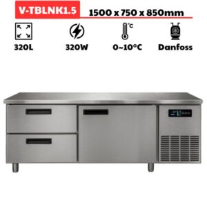 Bàn mát ngăn kéo inox 1500mm (320L) quạt gió