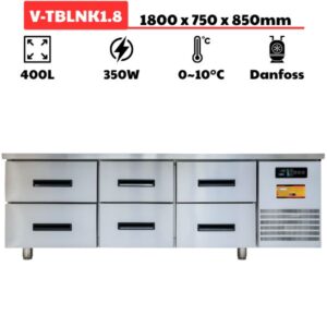 Bàn mát ngăn kéo inox 1800mm (400L) quạt gió