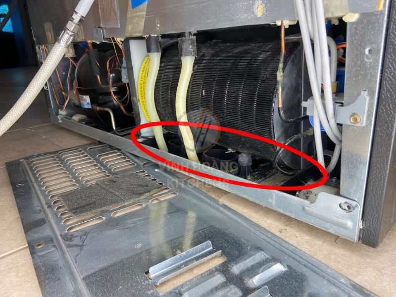 Dưới đáy tủ, gần hệ thống dàn nóng