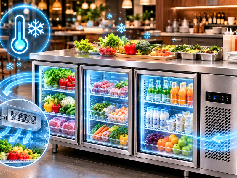 Bàn mát cánh kính công nghiệp bảo quản thực phẩm tốt từ 0-10 độ C
