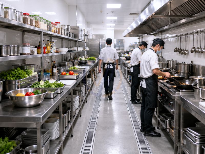 Bếp công nghiệp 1 chiều, kệ được sắp xếp rất hợp lý