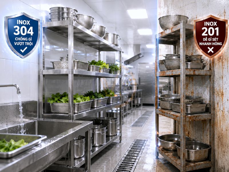 Kệ bếp được làm bằng inox 304 sẽ bền hơn với thời gian dài sử dụng