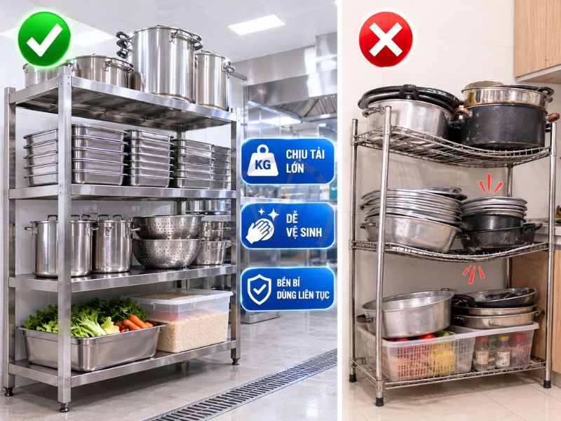 Không nên sử dụng kệ inox gia đình cho bếp công nghiệp