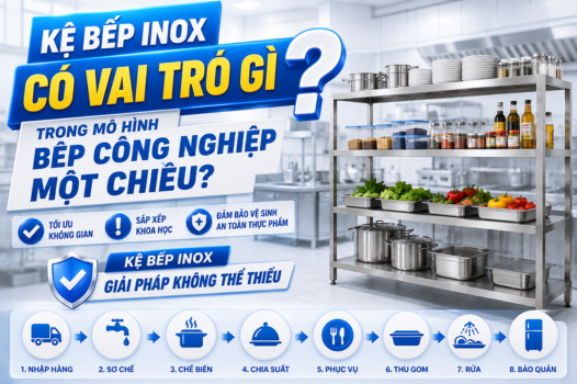 Kệ bếp inox có vai trò gì trong mô hình bếp công nghiệp một chiều?