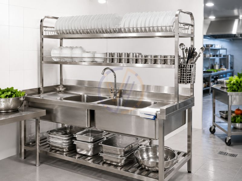 Kệ inox rửa chén sử dụng trong bếp công nghiệp