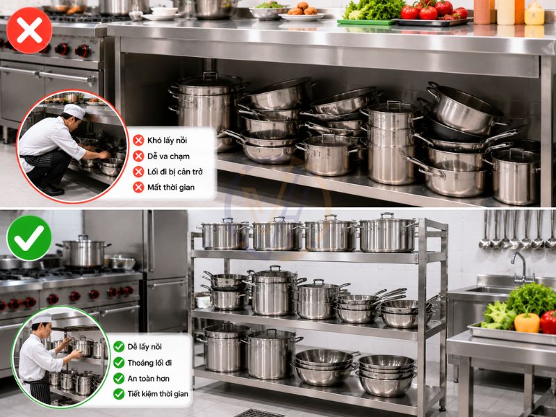 Không nên để toàn bộ xoong nồi dưới gầm bàn